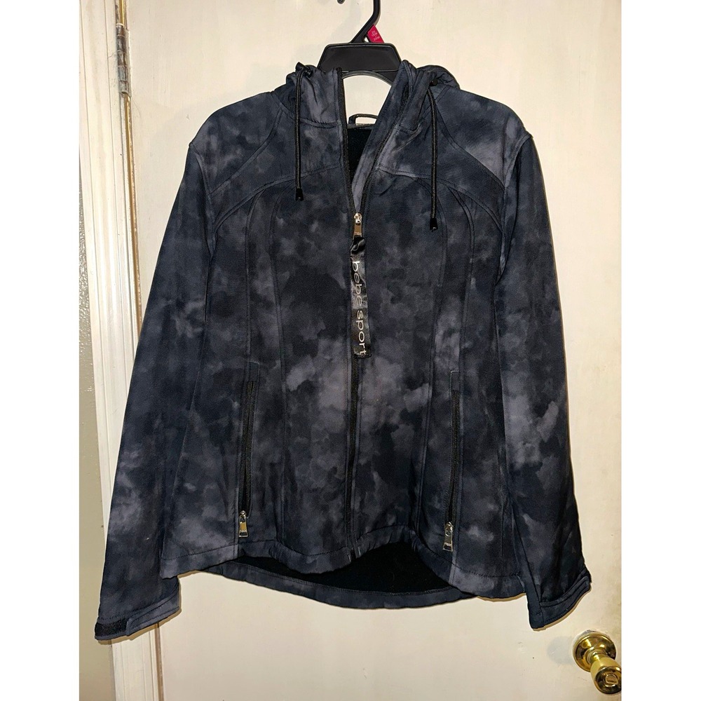 bebe sport Women's XL Hooded Full Zip Fleece Jacket Tie Dye Black/Gray